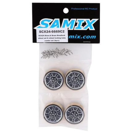 Samix SCX24 Aluminum & Brass 1.0" Beadlock Wheel Set w/Scale Hubs Black (20.5g)