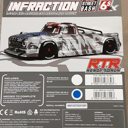 Arrma Infraction V2 6S BLX Brushless 1/7 RTR 4WD Street Bash Truck Silver New!!