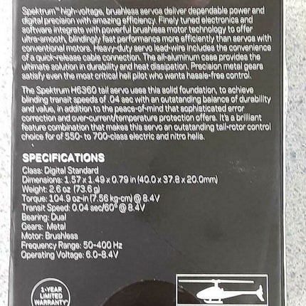 Spektrum H6360 Mid Torque Ultra Speed Heli Tail HV Servo SPMSH6360 Brand New!!