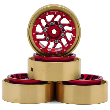 Samix Alum/Brass 1.0" Beadlock Wheel Set TRX4M w/7mm Hex Red 35g Adj. Offset
