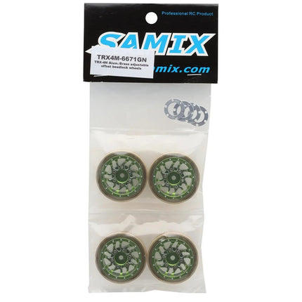 Samix Alum/Brass 1.0" Beadlock Wheel Set TRX4M w/7mm Hex Green 35g Adj. Offset