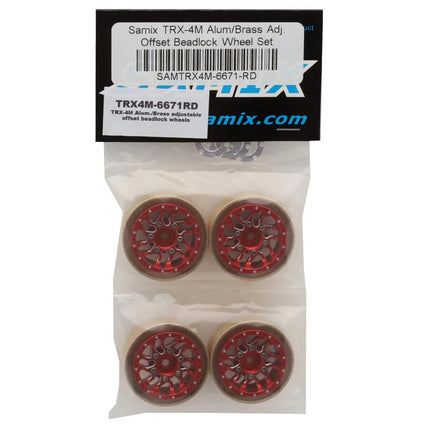 Samix Alum/Brass 1.0" Beadlock Wheel Set TRX4M w/7mm Hex Red 35g Adj. Offset