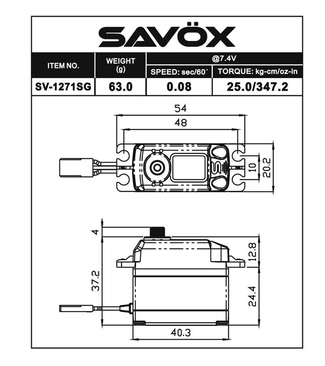 Savox High Volt Coreless Digital Servo with Soft Start, 0.07sec / 486.1oz @ 8.4V