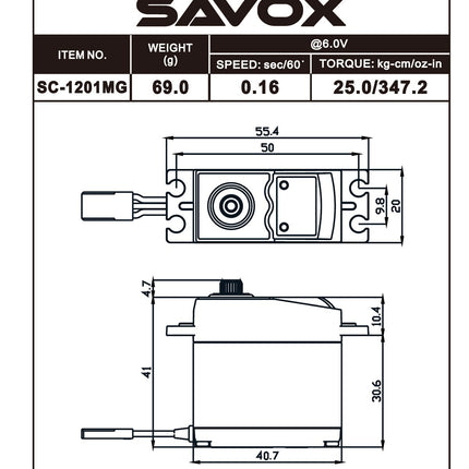 Savox Hi Torque Coreless Standard Digital Servo, 0.16sec / 347oz @ 6V SC-1201MG
