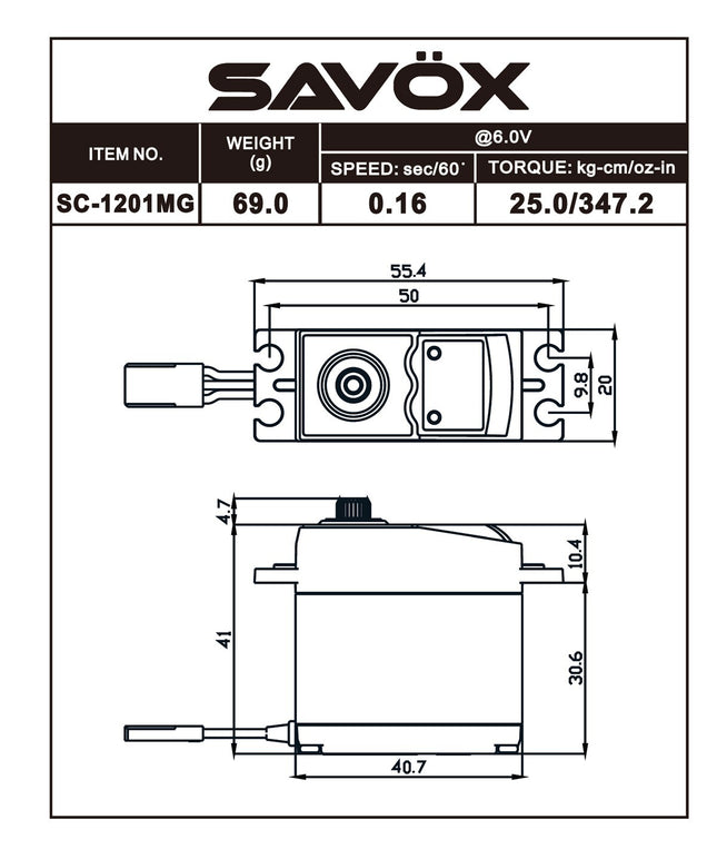 Savox Hi Torque Coreless Standard Digital Servo, 0.16sec / 347oz @ 6V SC-1201MG