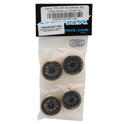 Samix Alum/Brass 1.0" Beadlock Wheel Set TRX4M w/7mm Hex Black 35g Adj. Offset