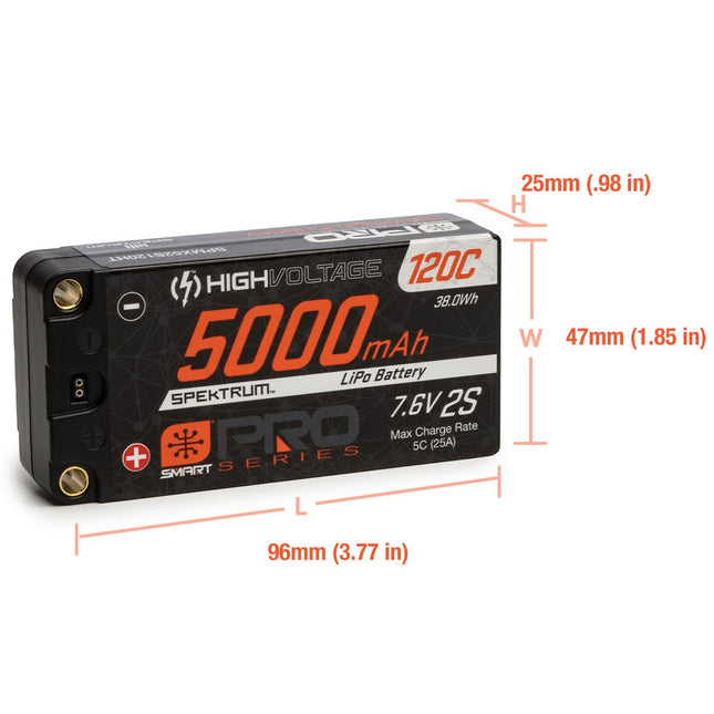 Spektrum 7.6V 5000mAh 2S 120C Smart Pro Race Shorty LiHV Battery Tubes 5mm New!!