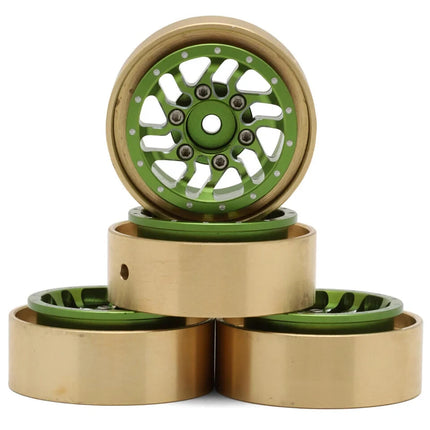 Samix Alum/Brass 1.0" Beadlock Wheel Set TRX4M w/7mm Hex Green 35g Adj. Offset