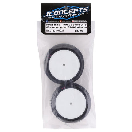 JConcepts Fuzz Bite LP 2.2" Pre-Mounted Rear Buggy Carpet Tires (White) (Pink)
