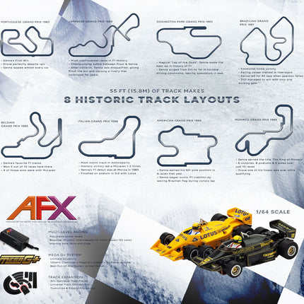 AFX Mega G+ Senna Limited Edition 80s Formula Slot Car Track Set w/Two 80s Formula Cars (LWB) (Mega G+) AFX22112