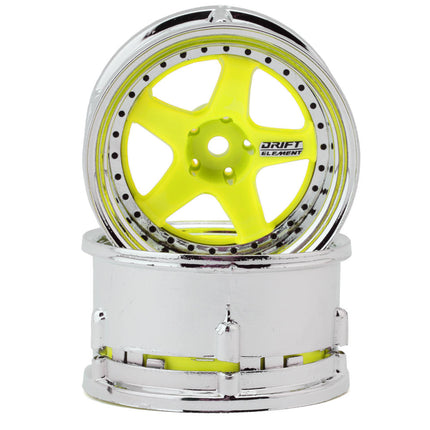 DS Racing DS-DE-030 Drift Element 5 Spoke Drift Wheels (Flu Yellow/Chrome Lip/Black Rivet) (2) (Adjustable Offset) w/12mm Hex DSC-DE-030