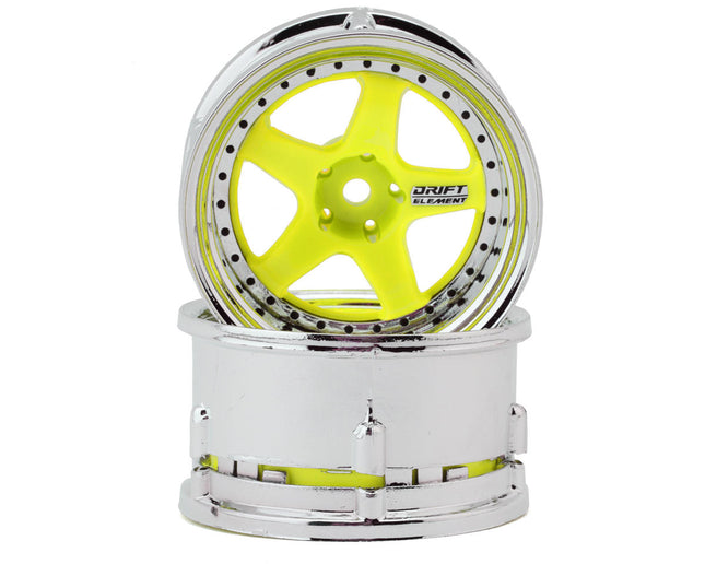 DS Racing DS-DE-030 Drift Element 5 Spoke Drift Wheels (Flu Yellow/Chrome Lip/Black Rivet) (2) (Adjustable Offset) w/12mm Hex DSC-DE-030