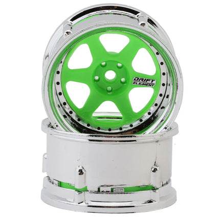DS Racing Drift Element 6 Spoke Drift Wheels (Flu Green/Chrome Lip/Black Rivet) (2) (Adjustable Offset) w/12mm Hex DS-DE-228