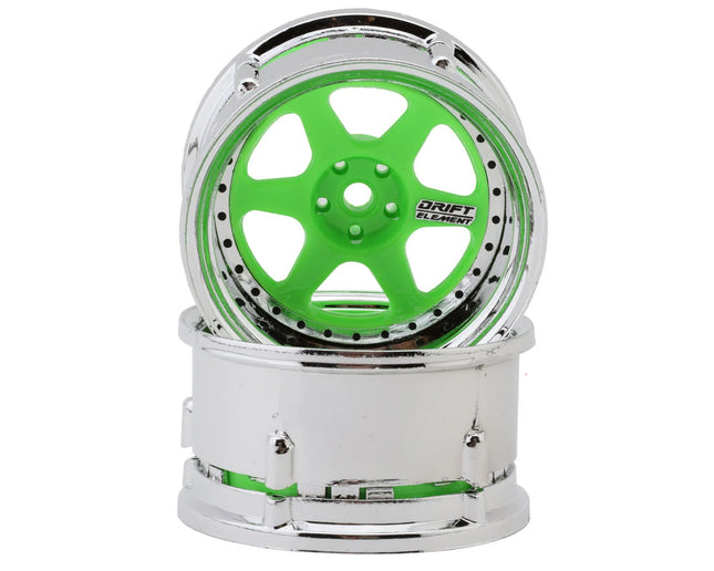 DS Racing Drift Element 6 Spoke Drift Wheels (Flu Green/Chrome Lip/Black Rivet) (2) (Adjustable Offset) w/12mm Hex DS-DE-228