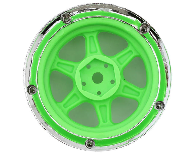 DS Racing Drift Element 6 Spoke Drift Wheels (Flu Green/Chrome Lip/Black Rivet) (2) (Adjustable Offset) w/12mm Hex DS-DE-228