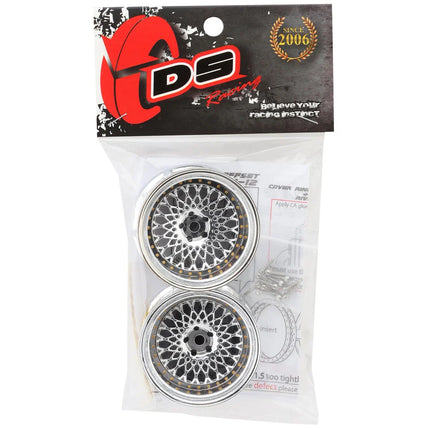 DS Racing DS-DE-309 Element Mesh 1/10 Drift Wheels (Tri Chrome w/Gold Rivets) (2) (Adjustable Offset) w/12mm Hex DSC-DE-309