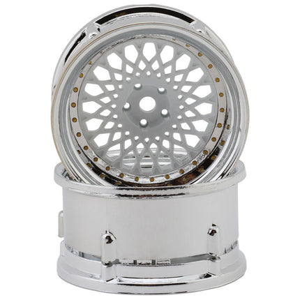 DS Racing DS-DE-311 Element Mesh 1/10 Drift Wheels (White w/Chrome Lip & Gold Rivets) (2) (Adjustable Offset) w/12mm Hex DSC-DE-311