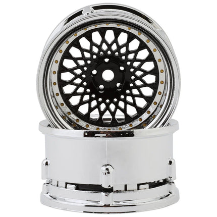 DS Racing DS-DE-313 Element Mesh 1/10 Drift Wheels (Black w/Chrome Lip & Gold Rivets) (2) (Adjustable Offset) w/12mm Hex DSC-DE-313
