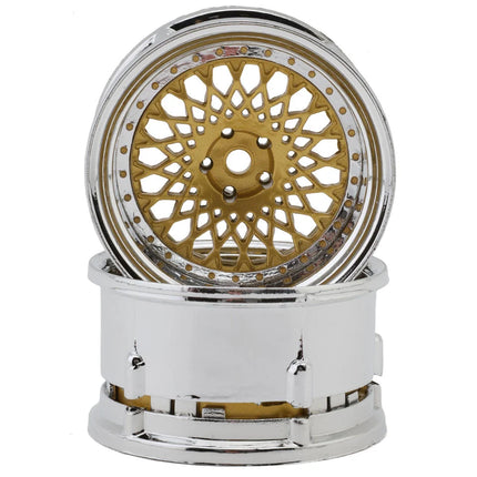DS Racing DS-DE-318 Element Mesh 1/10 Drift Wheels (Gold w/Chrome Lip & Gold Rivets) (2) (Adjustable Offset) w/12mm Hex DSC-DE-318