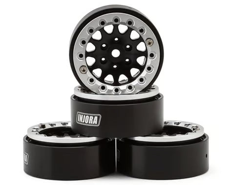Injora 1.3" D-Slot Aluminum Micro Crawler Beadlock Wheels (27g ea) (Black/Chrome) (4) INJYQW-1311SB