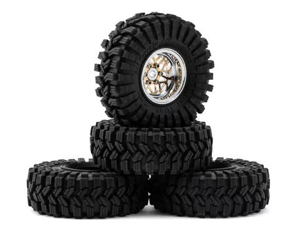 Injora 1.0" Deep Dish Aluminum Micro Crawler Beadlock Wheels w/Swamp Claw Tires (S5) (Gold/Chrome) (4) (37g ea) (62mm OD) INJYQW-MW1014SR-1014