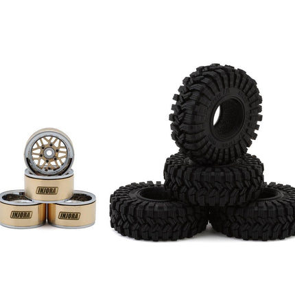 Injora 1.0" Deep Dish Aluminum Micro Crawler Beadlock Wheels w/Swamp Claw Tires (S5) (Gold/Chrome) (4) (37g ea) (62mm OD) INJYQW-MW1014SR-1014